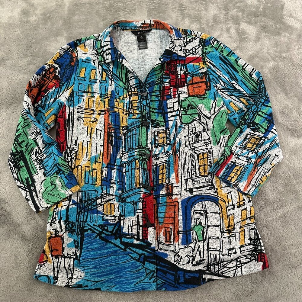 Ali Miles Button Up Shirt Blouse Women's MEDIUM Artsy Art To Wear Colorful